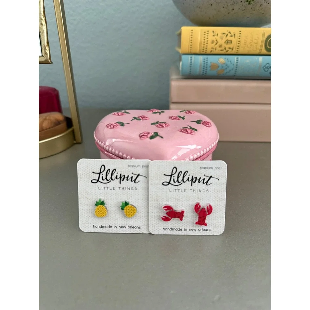 Lilliput Little Things Stud Earrings Set Pineapple Lobster Handmade NOLA